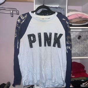 Victoria's Secret PINK Light Blue and Navy Sequin Long Sleeve Top